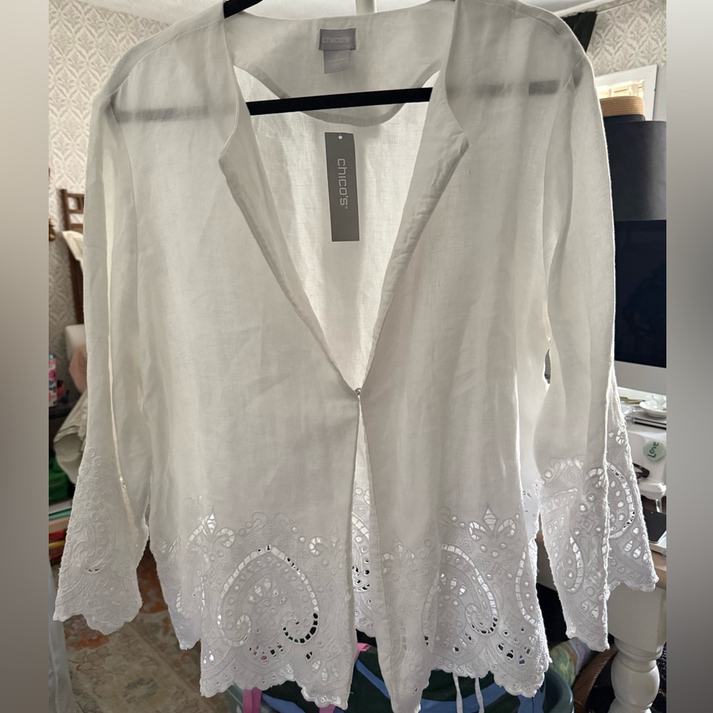 NWT Chico's Eyelet Hem Linen Long Sleeve Jacket Alabaster Size 2 / US Large